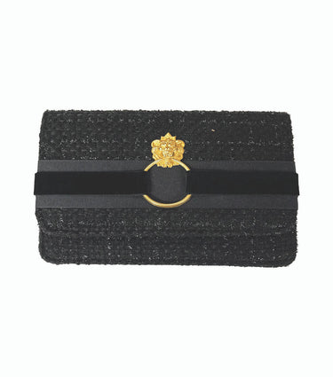 Lisi Lerch Coco Fold Over Bouclé Black Clutch With Gold Mini Door Knocker 