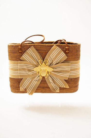 Large Charlotte - Khaki and White Stripe Fluffy Bow with XL Bee - Lisi Lerch