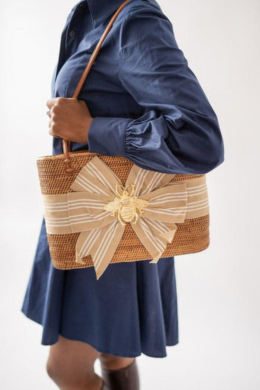 Large Charlotte - Khaki and White Stripe Fluffy Bow with XL Bee - Lisi Lerch