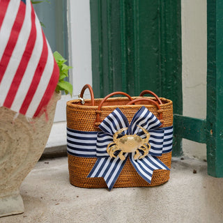 Medium Charlotte - Navy & White Striped Fluffy Bow with Crab - Lisi Lerch