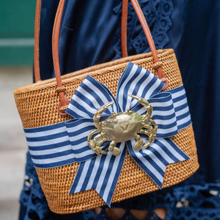 Medium Charlotte - Navy & White Striped Fluffy Bow with Crab - Lisi Lerch