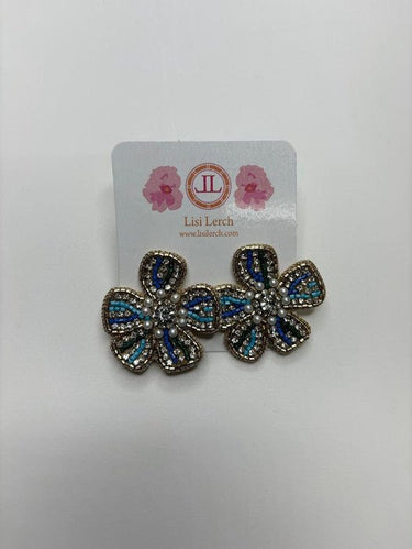 Navy and Turquoise Beaded Earring with Fabric Backing - Sample Sale Final Sale - Lisi Lerch