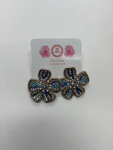 Navy and Turquoise Beaded Earring with Fabric Backing - Sample Sale Final Sale - Lisi Lerch