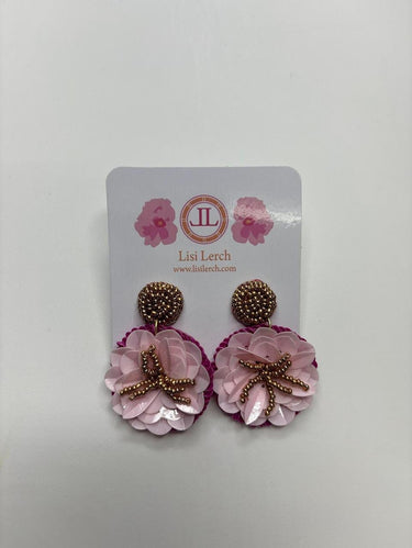 Pink with Gold Beaded Fabric Flower Earring - Sample Sale Final Sale - Lisi Lerch