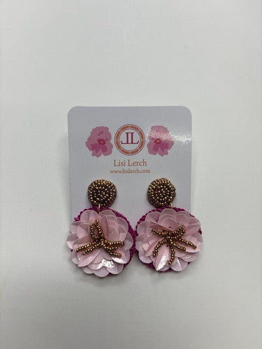 Pink with Gold Beaded Fabric Flower Earring - Sample Sale Final Sale - Lisi Lerch
