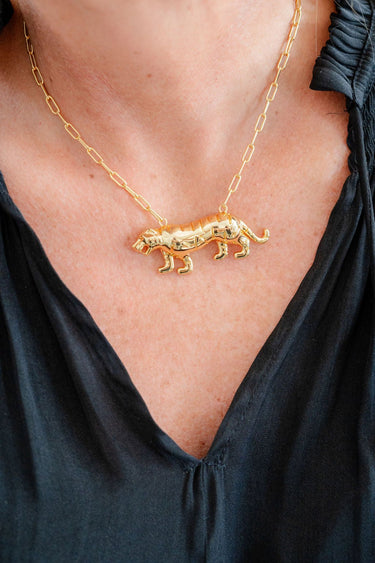 Tiger - 3D Gold Charm Necklace - 18k Gold Plated - Paperclip Chain - Lisi Lerch