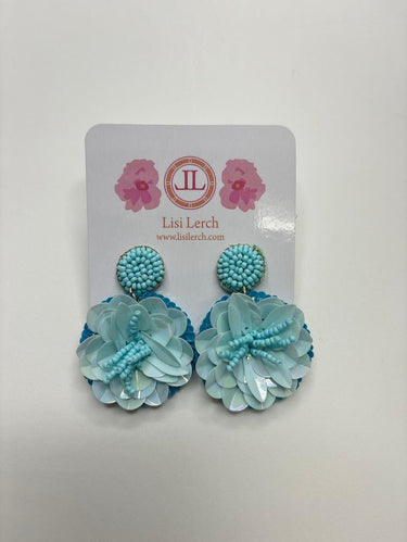 Turquoise Beaded Fabric Flower Earring - Sample Sale Final Sale - Lisi Lerch