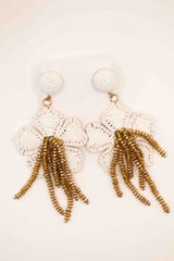 White Raffia & Gold Beaded Floral Statement Earrings -Sample Sale- Final Sale - Lisi Lerch